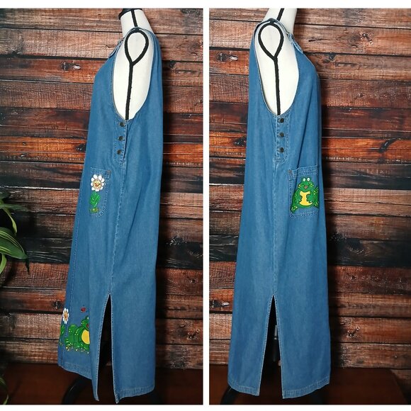 Haiks Maxi Denim Jumper Dress Size L Vintage Hand Painted Frogs & Flowers Slits - Picture 3 of 9
